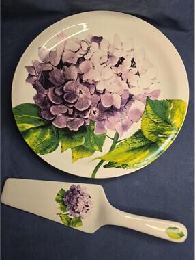 Vintage WCL Floral Cake Plate and Server Set with Purple Hydrangea - 10 1/2"